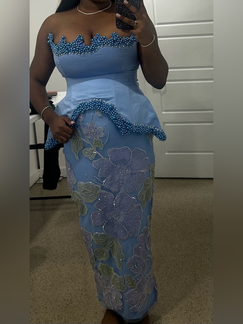 Elegant Beaded Peplum 2 piece set in Light Blue